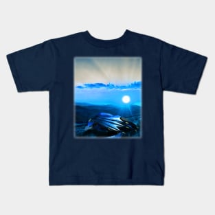 Blue Fantasy Dragon on a Moonlight Mountain Landscape Kids T-Shirt